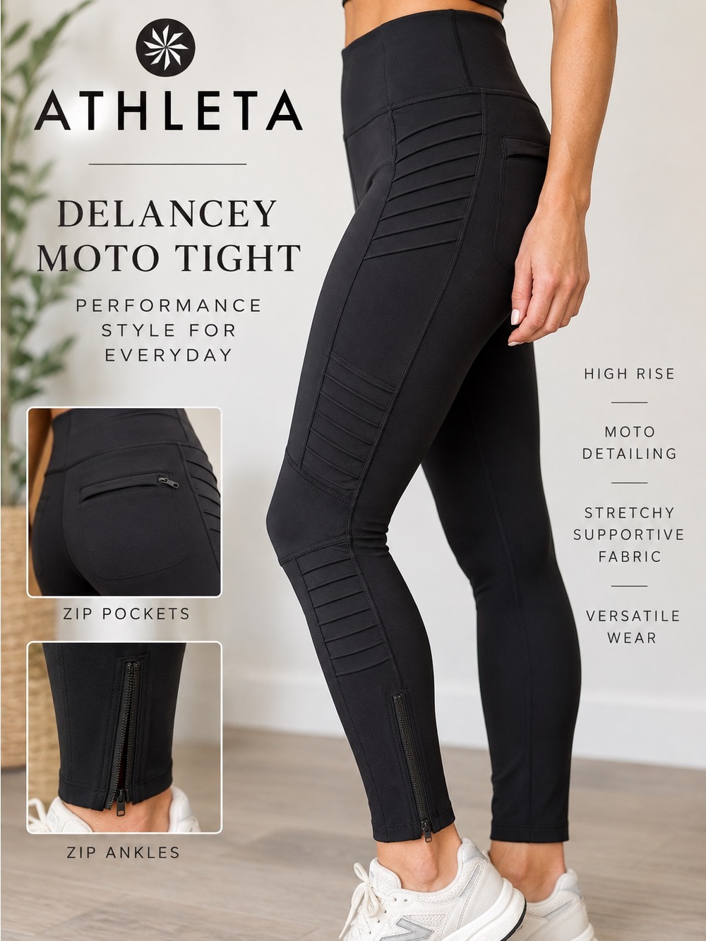 Athleta Delancey Moto Tight Black High Rise Zip Ankle Leggings Small